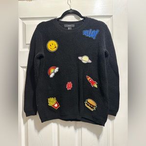 Forever 21 sweater black with patches rainbow hashtag smiley saturn fries